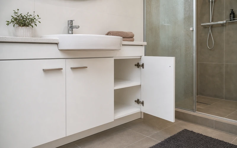 PVC foam board cabinets in moisture prone bathroom