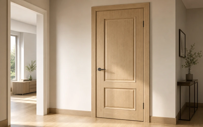Finished door with door skin installed in modern hallway