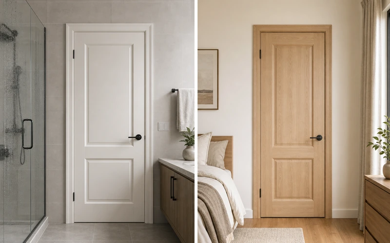 Finished door with door skin installed in modern hallway