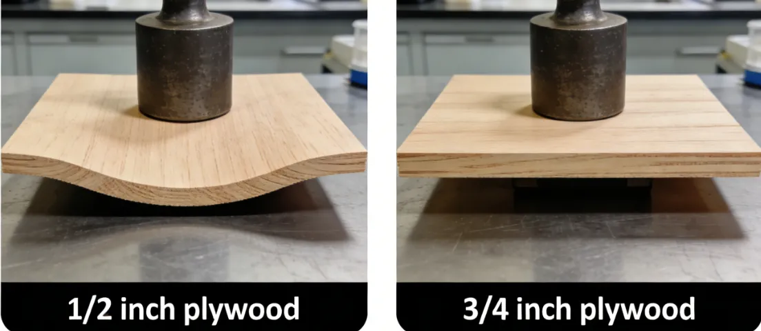 The image compares two plywood sheets under a metal weight: the left shows 1/2 inch plywood significantly bending under load, while the right displays 3/4 inch plywood remaining nearly flat, demonstrating its greater stiffness and resistance to deflection.