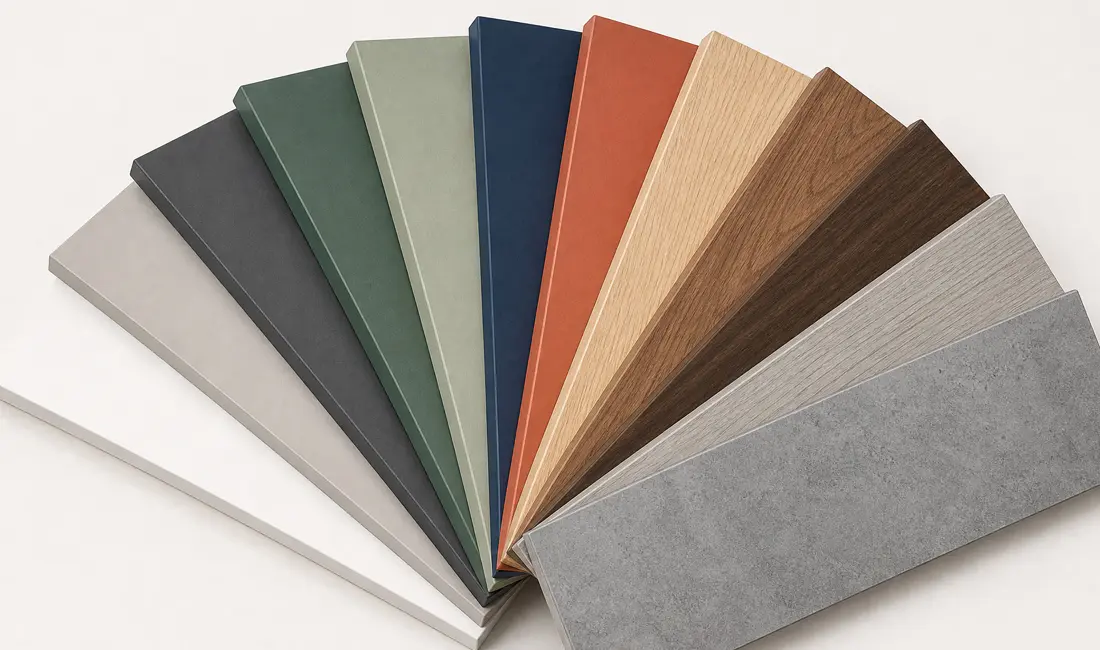 Melamine board samples in various colors and woodgrains