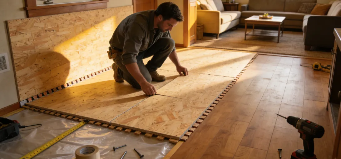 A man is kneeling on a wooden floor, carefully measuring and installing large OSB (Oriented Strand Board) subflooring panels in a sunlit living room, with tools like a drill and tape measure nearby and a cozy sofa set in the background.