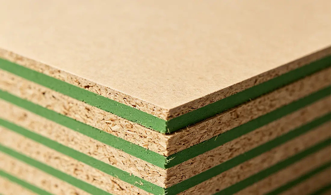 Moisture resistant green MDF panels stacked with visible green core