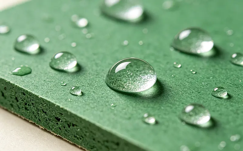 Water droplets on moisture resistant MDF surface close up