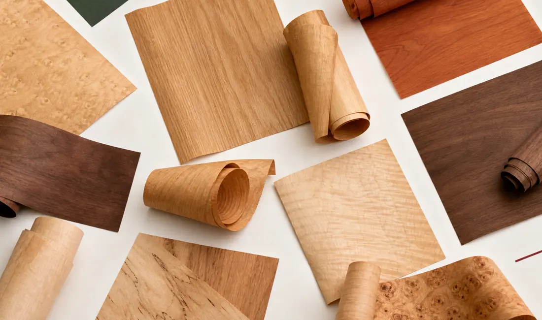 Wood veneer types displayed in rolled and flat samples